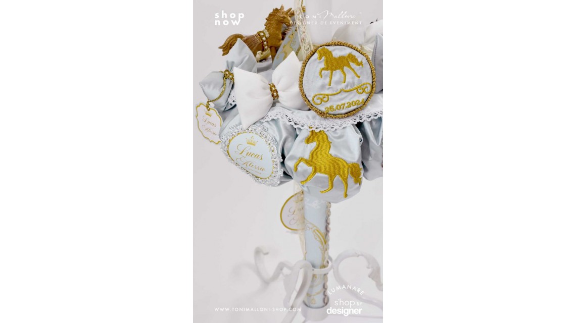 Lumanare botez regala cu broderie personalizata Royal Horse Gold 1